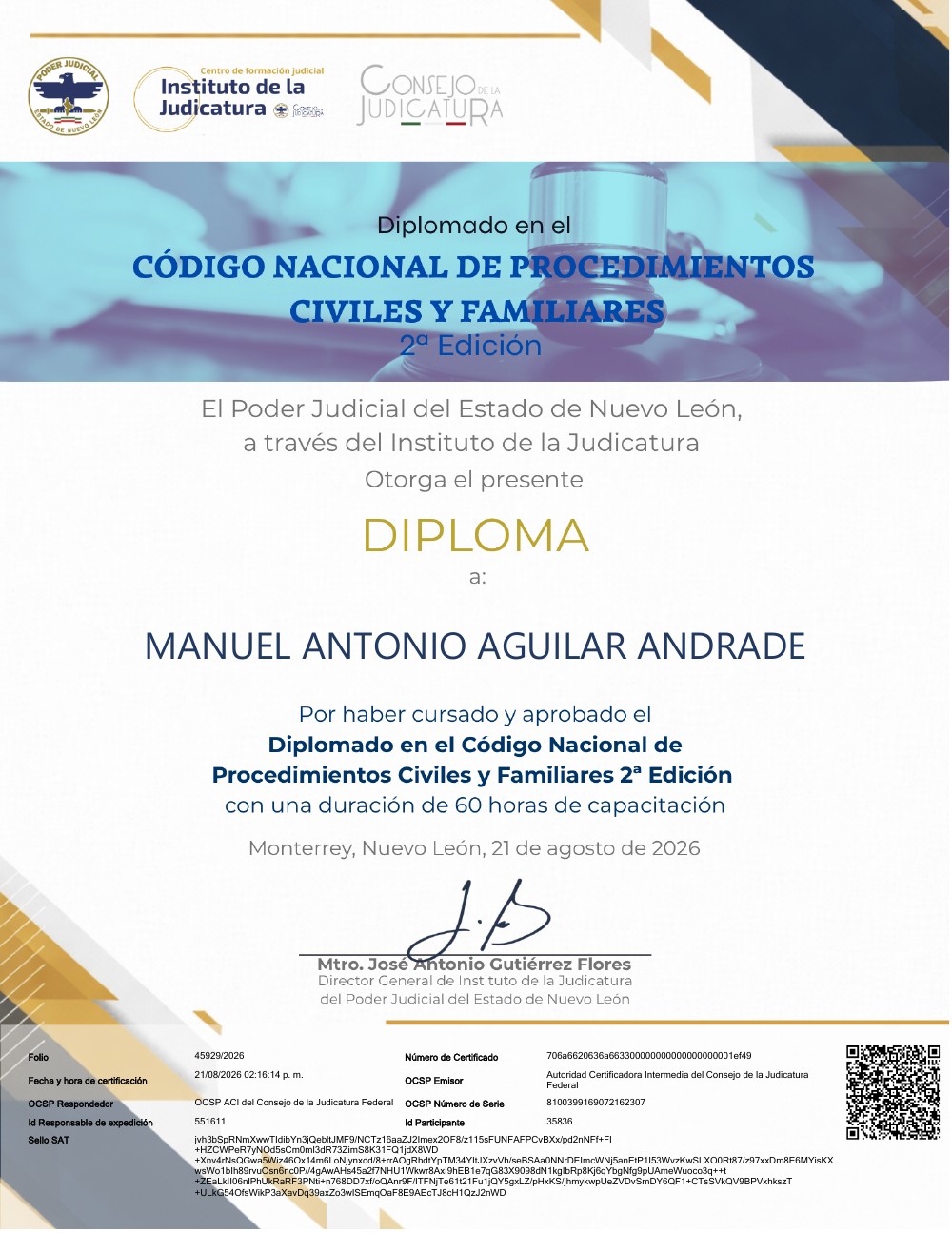 Acreditación de Diplomado en el Código Nacional de Procedimientos Civiles y Familiares, 2ª edición a nombre de Manuel Antonio Aguilar Andrade