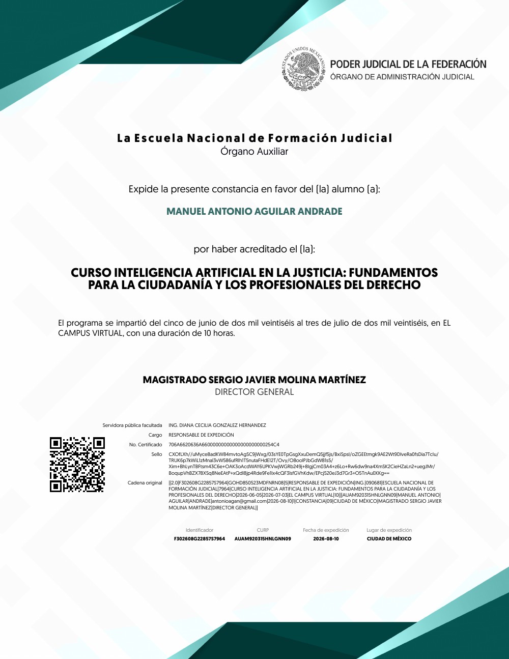 Acreditación de Inteligencia Artificial en la Justicia: fundamentos para la ciudadanía y los profesionales del derecho a nombre de Manuel Antonio Aguilar Andrade